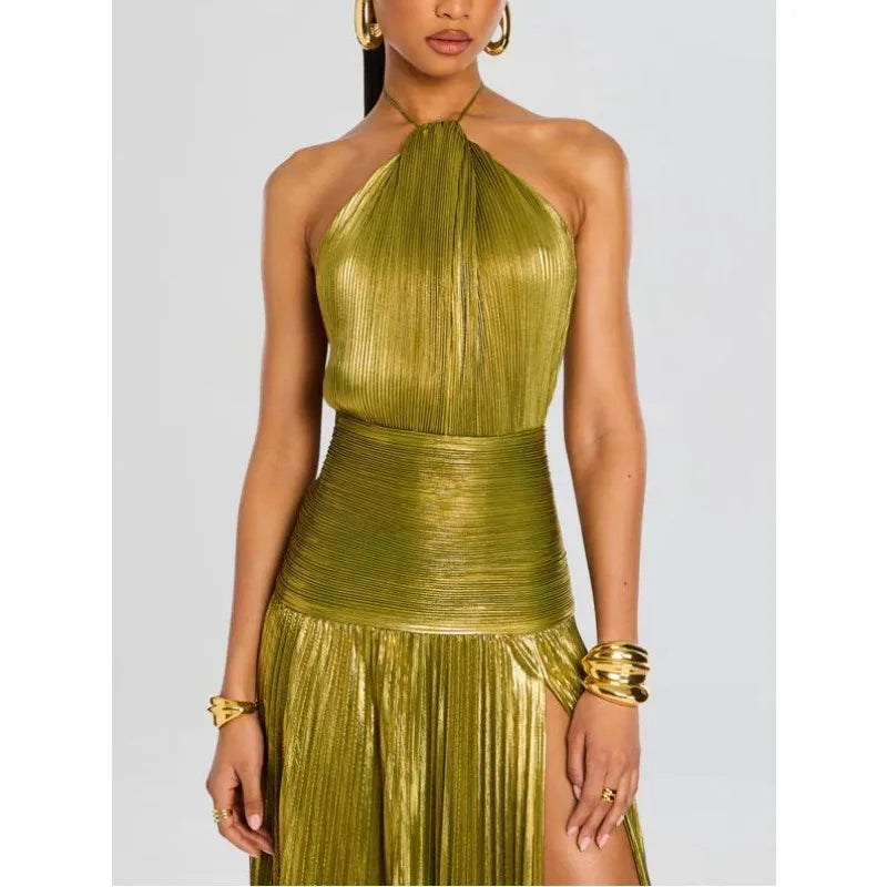Alina Gold Pleated Halter Maxi Dress