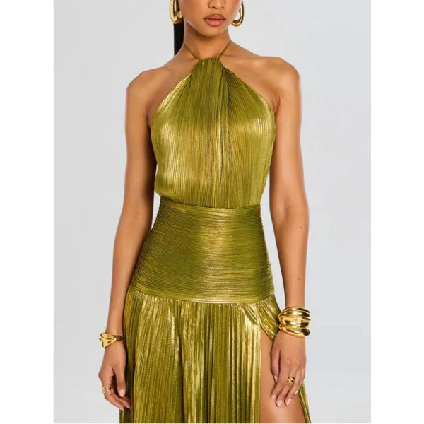 Alina Gold Pleated Halter Maxi Dress