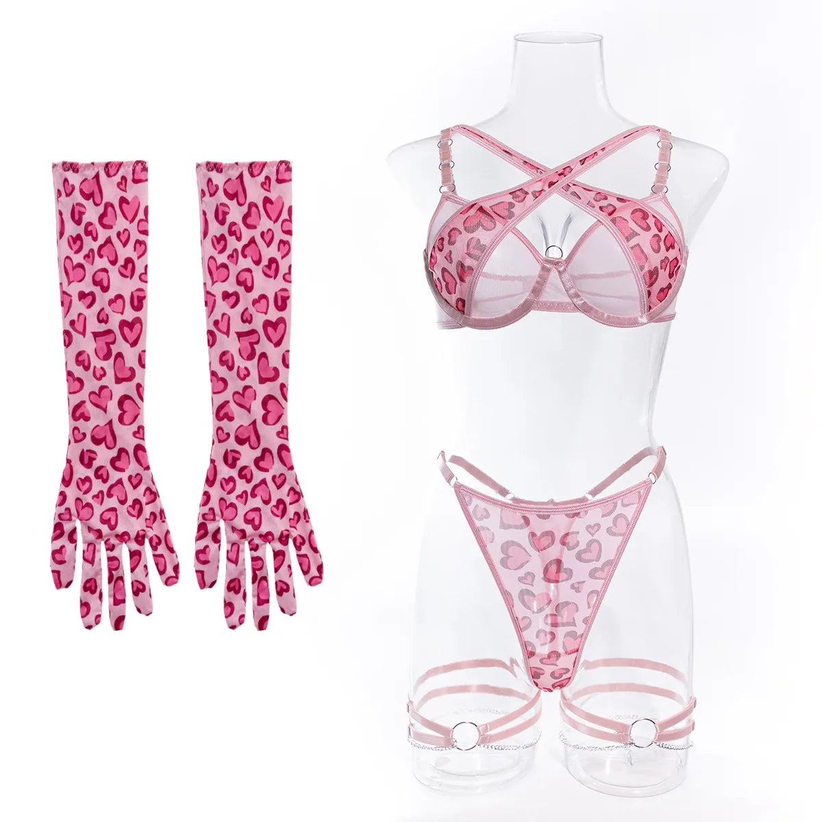 Kerensa Animal Print Strappy Bra, Thong, Gloves & Chain Garters Lingerie Four-piece