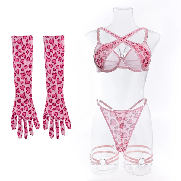 Kerensa Animal Print Strappy Bra, Thong, Gloves & Chain Garters Lingerie Four-piece