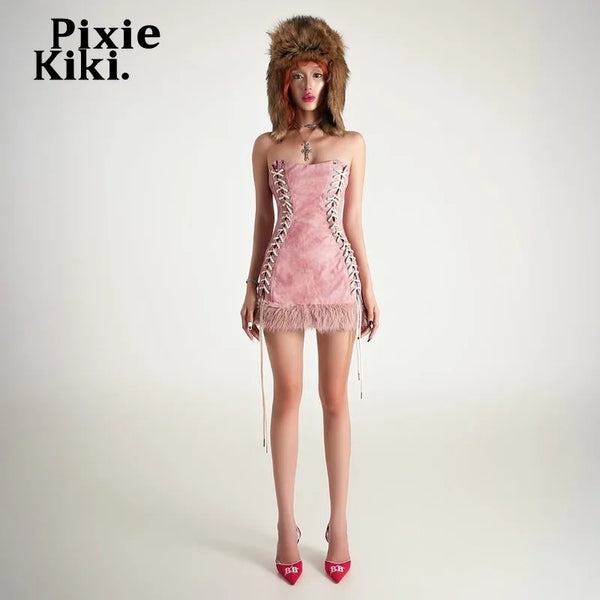 PixieKiki Faux Fur Trim Bandage Bodycon Dresses Clubwear Woman Rave Outfit Pink Strapless Backless Mini Dress P94-GC33