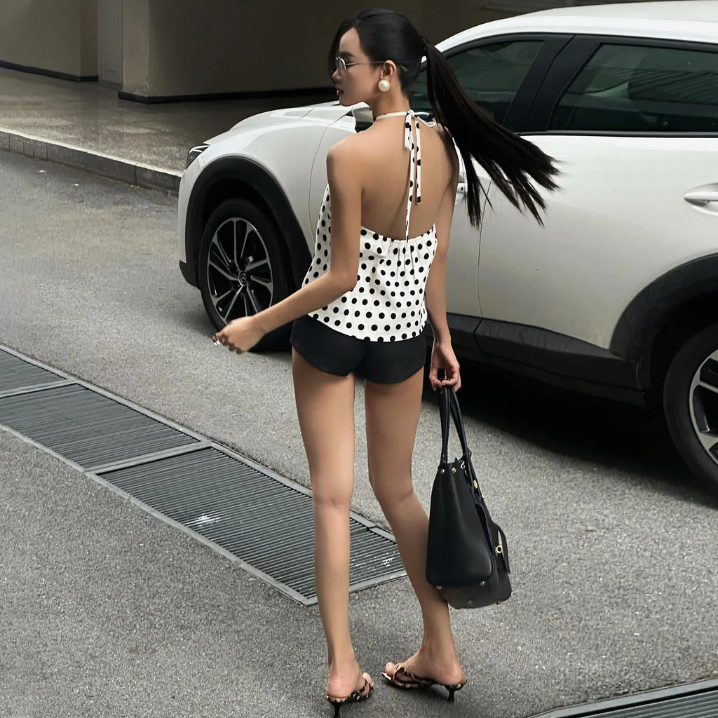 Carys Polka-Dot Tie-Front Halter Crop Top One-piece