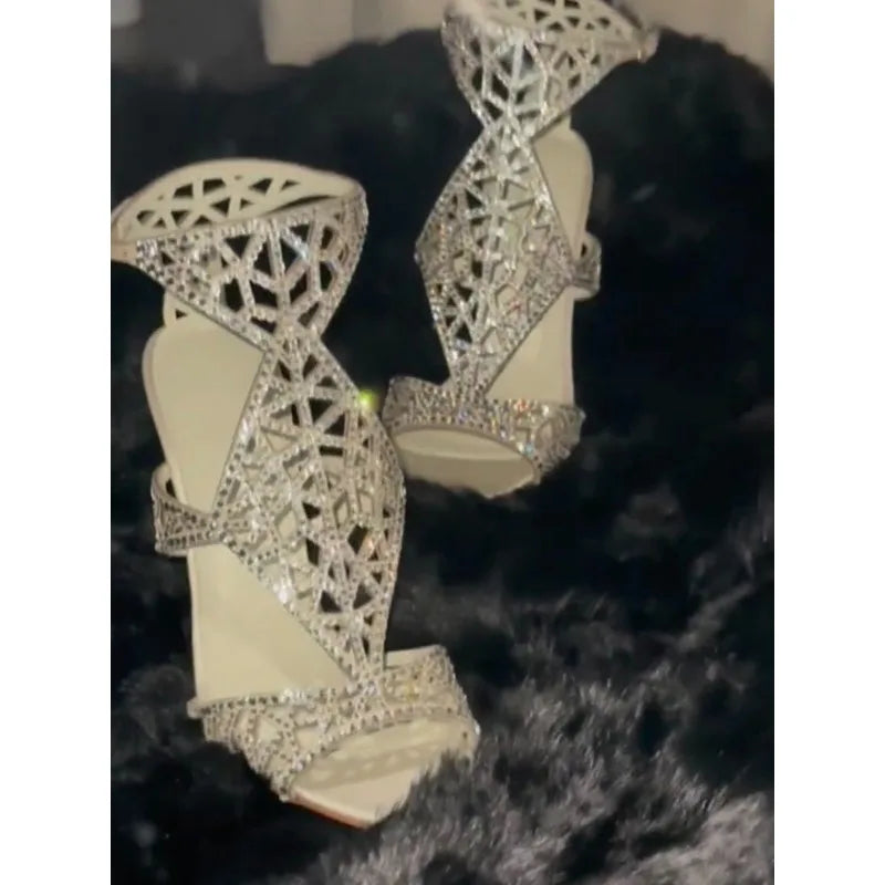 Fish-mouth high heels with rhinestones, 2026 spring new style, hollowed-out diamond pattern, open-toe,sexy sandals,wedding shoes