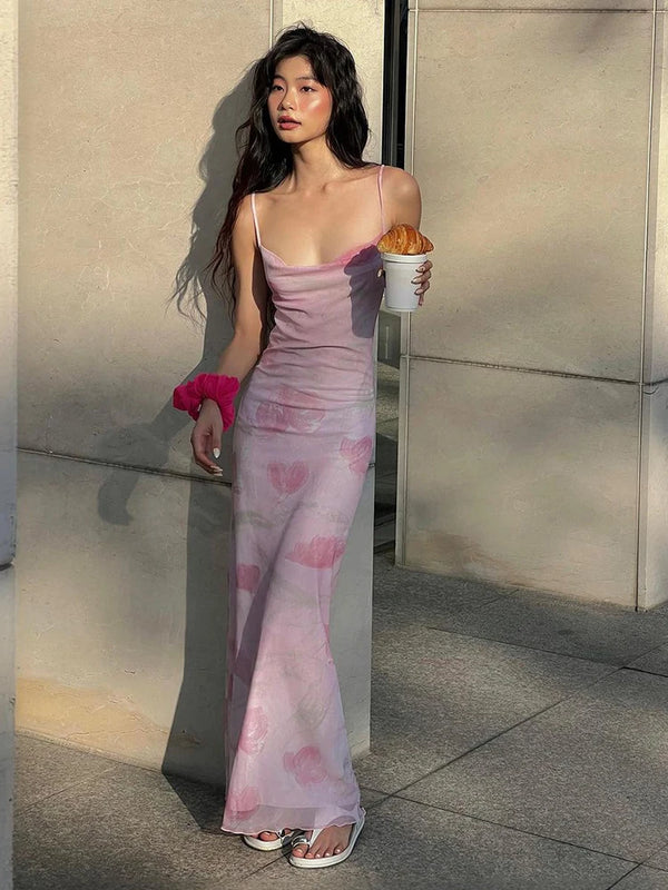 Blossom Printed-Mesh Cami Bodycon Midi Dress