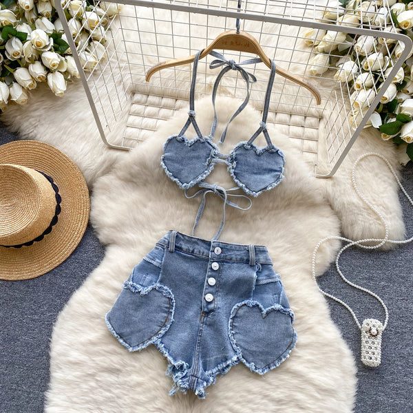 Sable Halter Denim Top & Shorts Two-piece