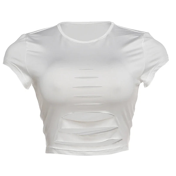 Kliou Sexy Hollow Design T-Shirts Woman Summer Trend o-Neck Mini Sleeve Navel Exposed Hot Girls High Street Style Classic Tees