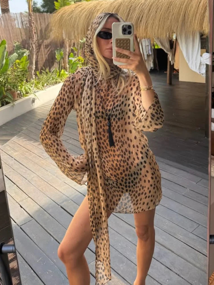 Vintage Women's Leopard Printed See Through Short Dress Scarf Collar Full Sleeve Female Dresses 2026 Summer Lady Vacation Robes Secondary image