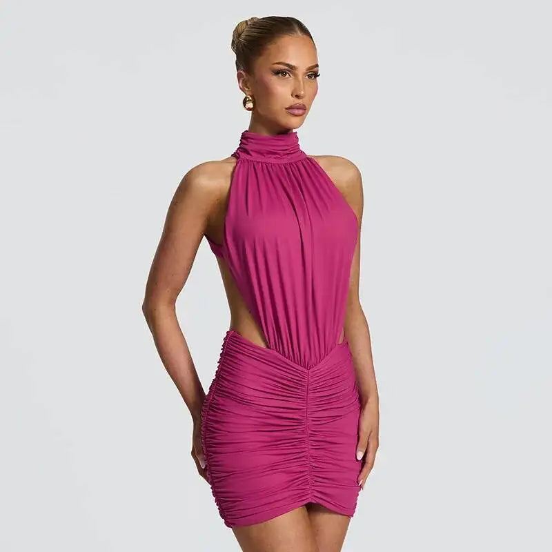 Marcella High-Neck Ruched Backless Mini Dress