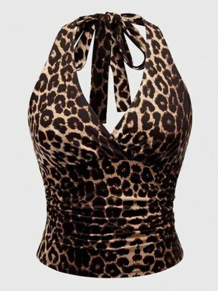 Leocadie Leopard Print Cowl-Neck Halter Backless Ruched Top One-piece