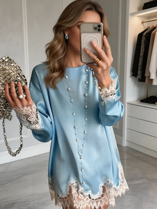 Amara Satin Lace Long-Sleeve Mini Dress