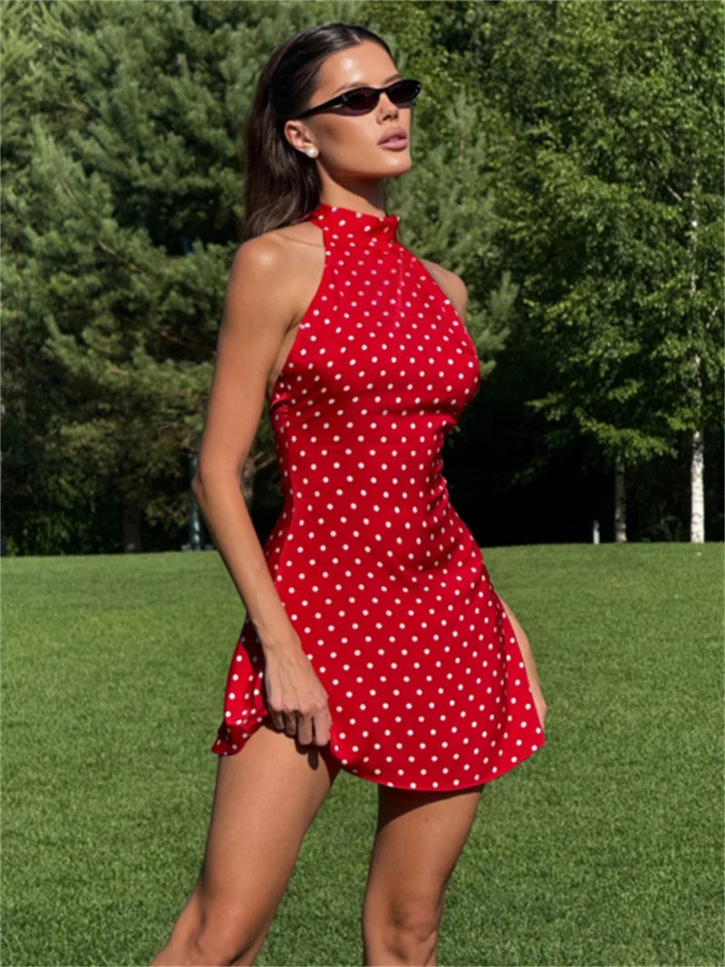 Hyacinthe Polka-Dot Tie-Halter Backless A-Line Mini Dress