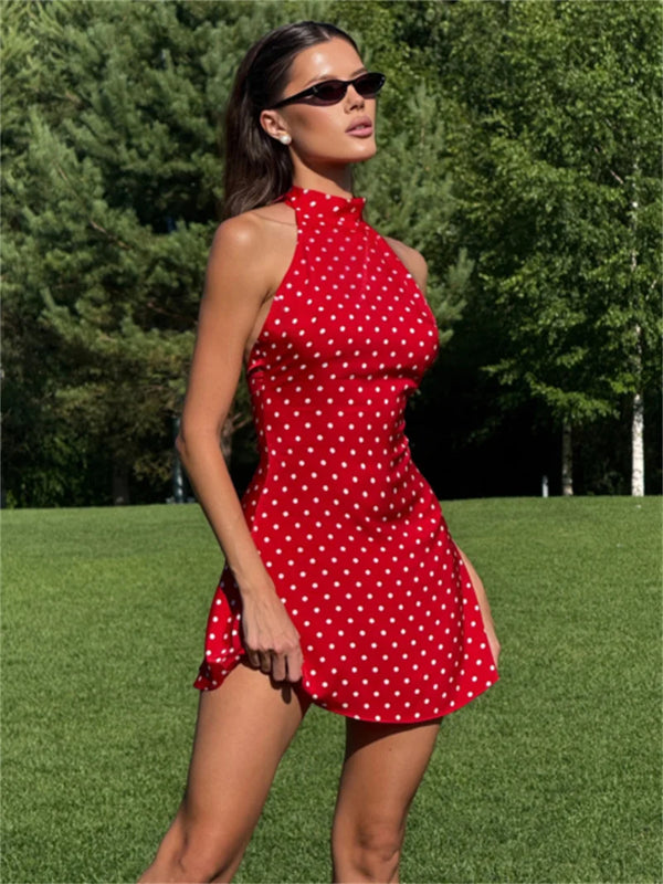 Hyacinthe Polka-Dot Tie-Halter Backless A-Line Mini Dress