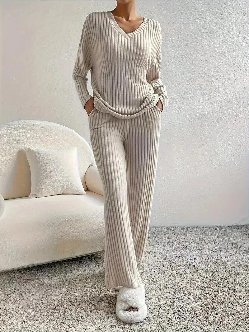 Cordula Ribbed Knit V-Neck Sweater & Wide-Leg Trousers Two-piece