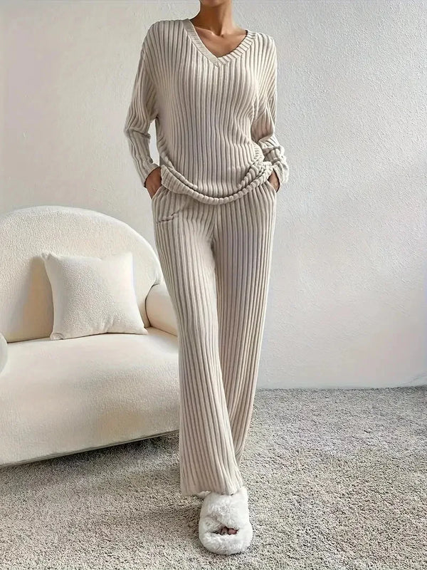 Cordula Ribbed Knit V-Neck Sweater & Wide-Leg Trousers Two-piece