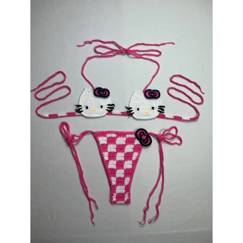 Cute Hello Kitty Ladys Sexy Swimsuit Crochet Bikinis Set Sanrio 2Pcs Womens Swimming Suit Micro Bikini Thongs Bathing Suit Beach