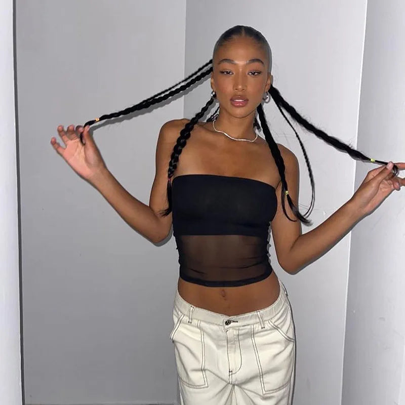 Noa Black Strapless Sheer Mesh Crop Top One-piece