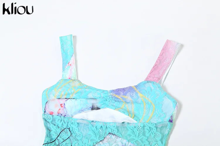 Wilhelmine Sheer Lace Gradient Print Cutout Cami Maxi Dress