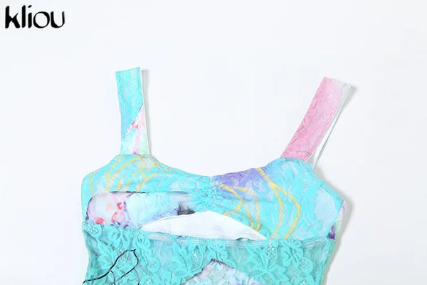 Wilhelmine Sheer Lace Gradient Print Cutout Cami Maxi Dress