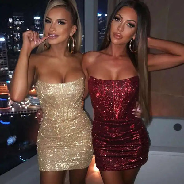Aurelina Glitter Strapless Ruched Bodycon Mini Dress