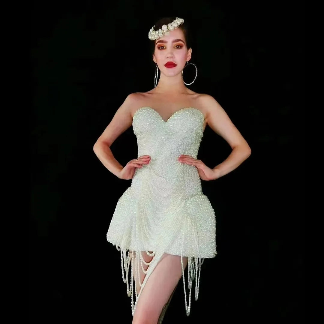 Odette Pearl-Embellished White Mini Dress