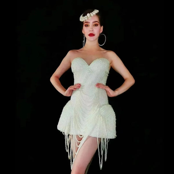 Odette Pearl-Embellished White Mini Dress
