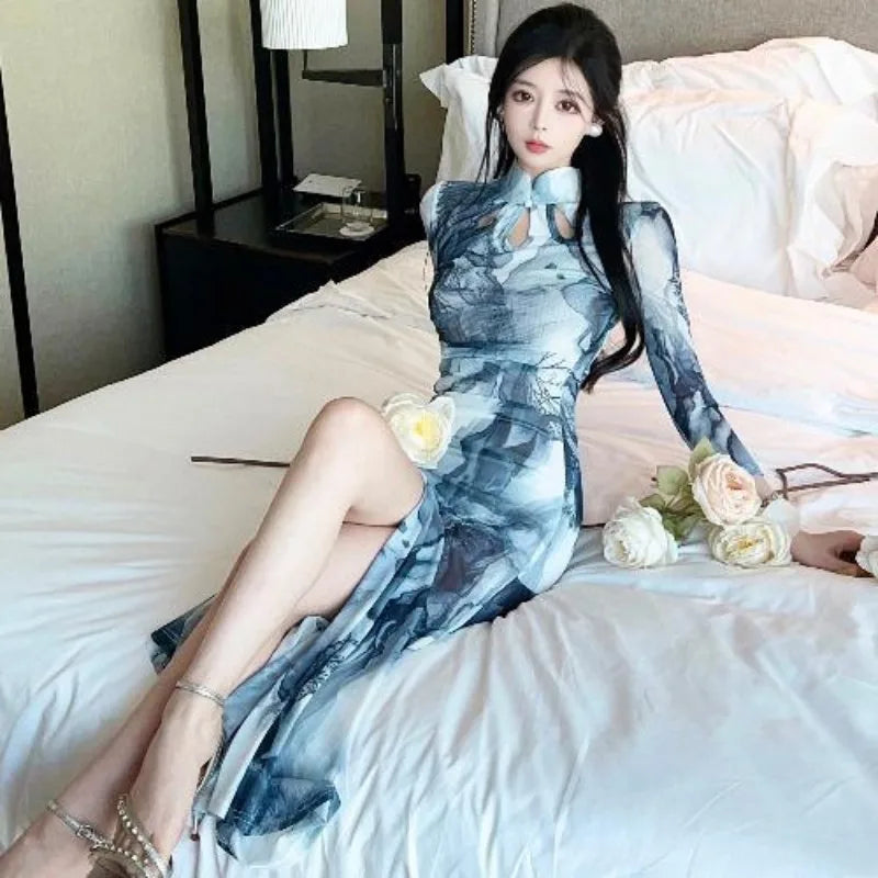 Yue Smudge-Print Plus-Size Qipao Maxi Dress