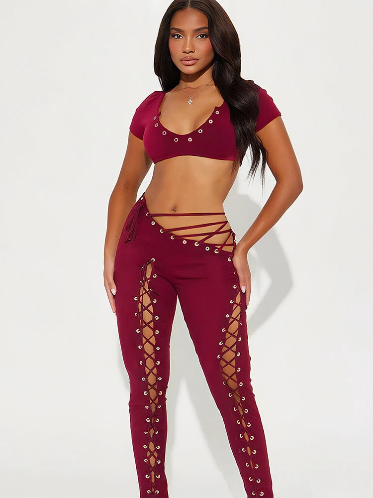 Nibber Coquette Sexy 2piece Set Women Hipster Halter Camisole+Shirring Hollow Pants Midnight Matching Stretch Clubwear Outfits