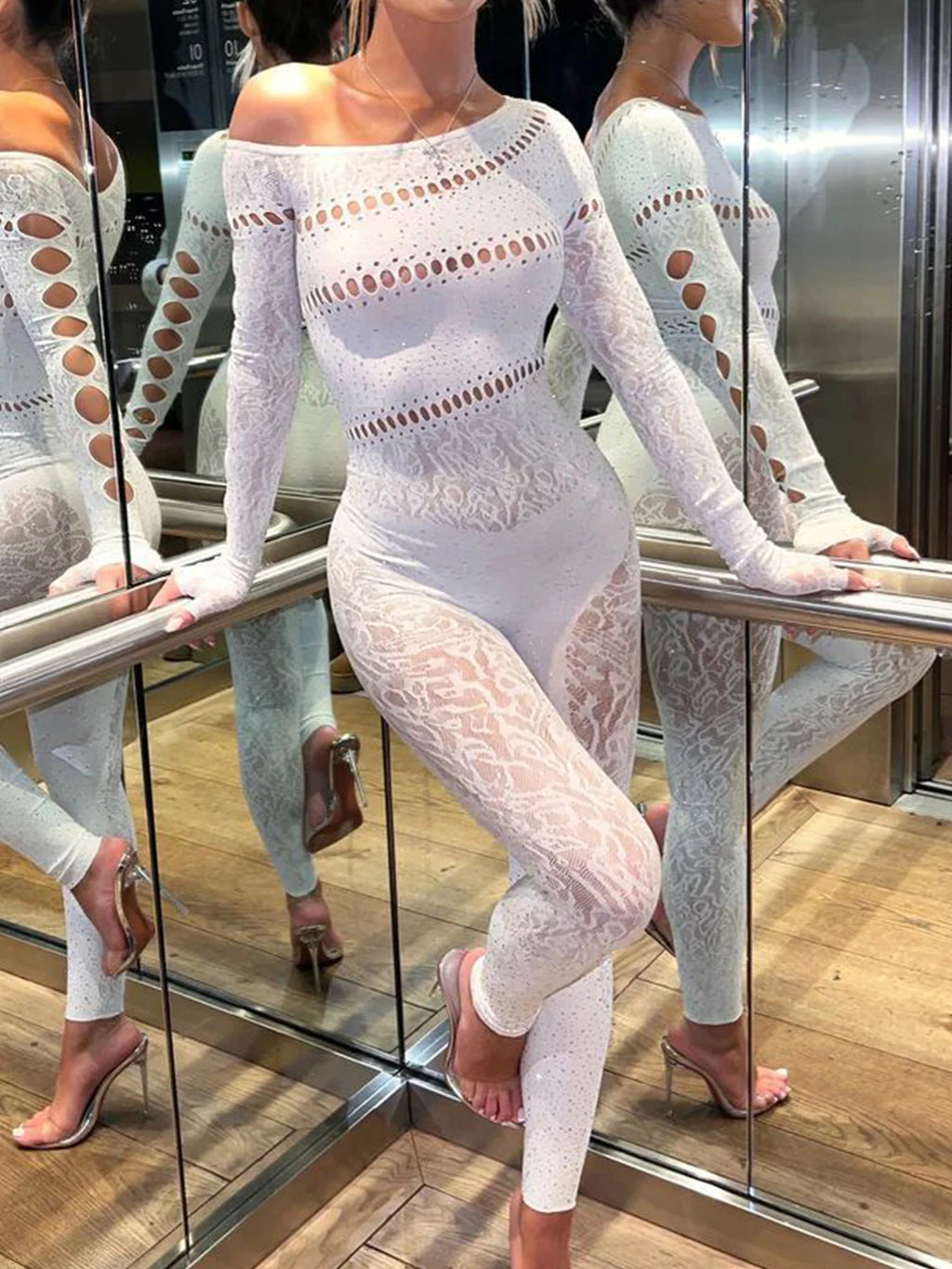 Domenica Rhinestone Hollow-Out Long-Sleeve Bodycon Jumpsuit One-piece