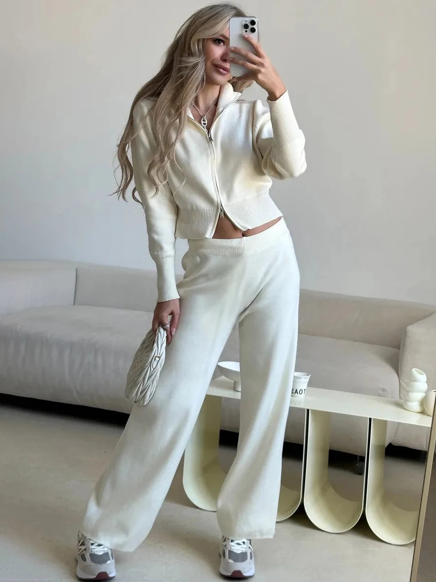 Bornladies Women's New Knit Zip Up Cardigan Wide Leg Pants Set Soft Fabric Cropped Elastic Waist Autumn Winter Fashion Sweater Main image