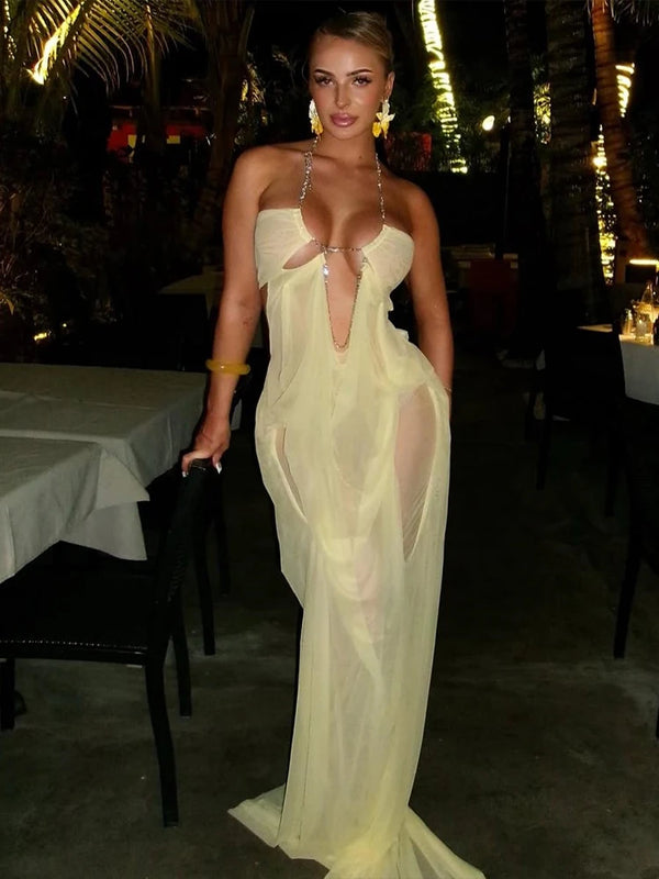 Kira Chain-Halter Mesh Maxi Dress