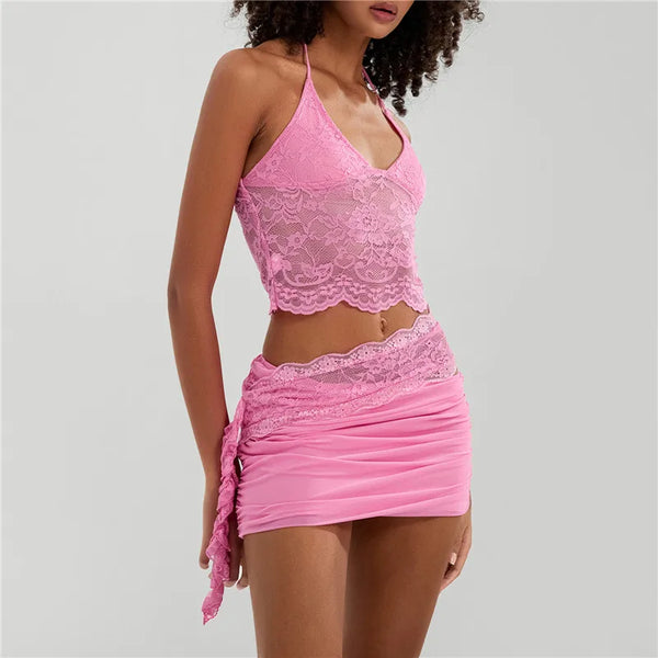 hirigin Sexy Lace Two Piece Set Women Outfit Halter Neck Backless Crop Top And Bodycon Mini Skirt Female Club Party Dress Sets
