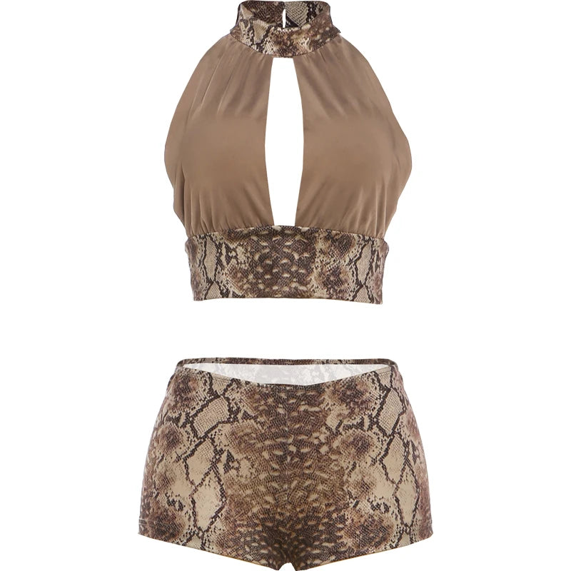 Kliou Serpentine Print 2 Piece Set Woman Halter Hollow Backless Crop Tops+Skinny Shorts Midnight Club Party Sexy Fashion Outfits