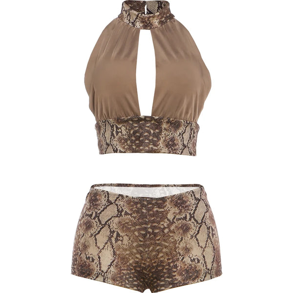 Kliou Serpentine Print 2 Piece Set Woman Halter Hollow Backless Crop Tops+Skinny Shorts Midnight Club Party Sexy Fashion Outfits