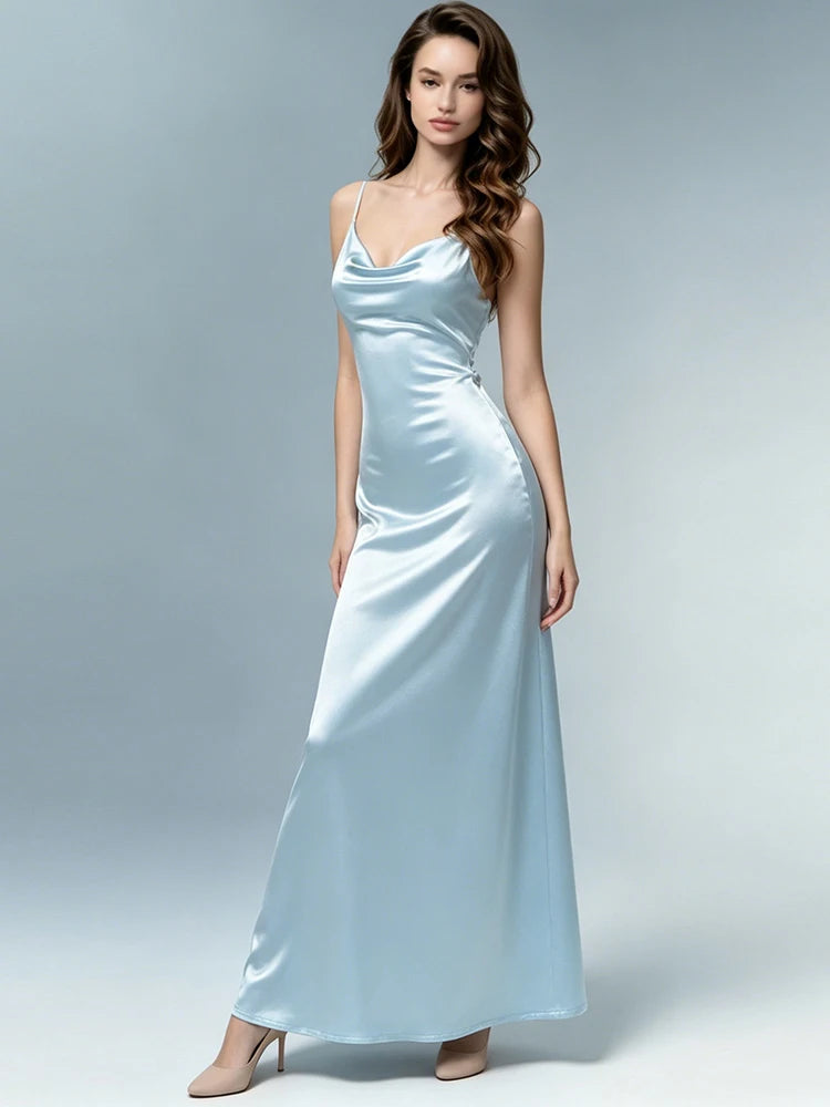 Amina Beaded Satin Cowl-Neck Maxi Dress