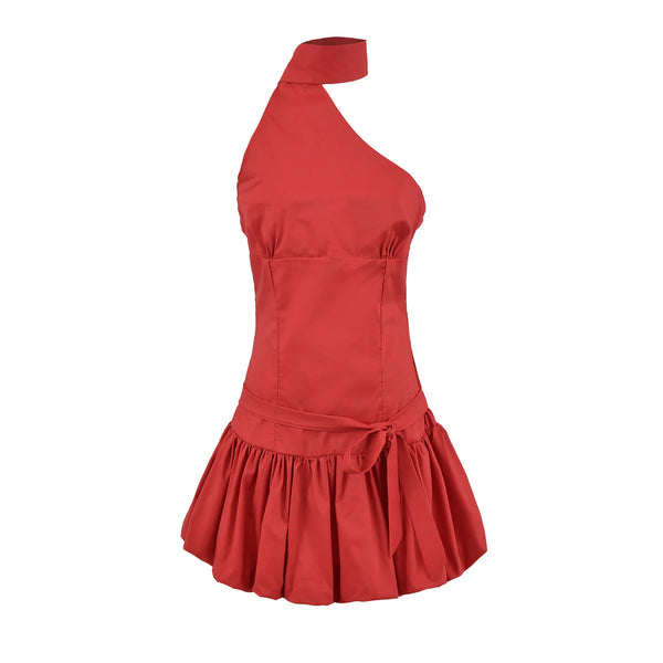 Isabella Riviera Polka Dot One-Shoulder Halter Ruffle Mini Dress