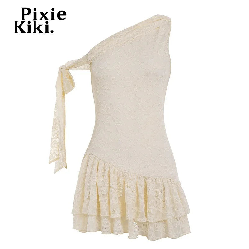 PixieKiki Lace One Shoulder Ruffle Mini Dress Cute Sexy French Style Vacation Dresses Woman Clothes Summer 2026 P67-IA37