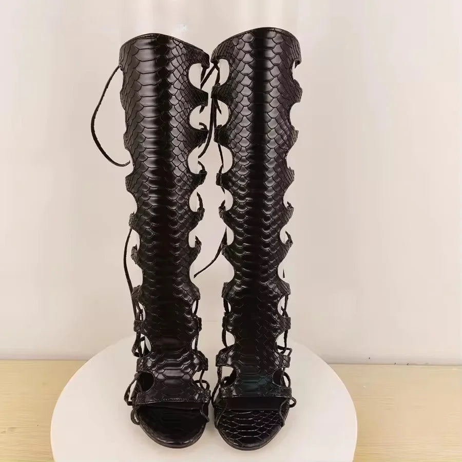 Clarimonde Roman Lace-Up Knee-High Gladiator Stiletto Sandals