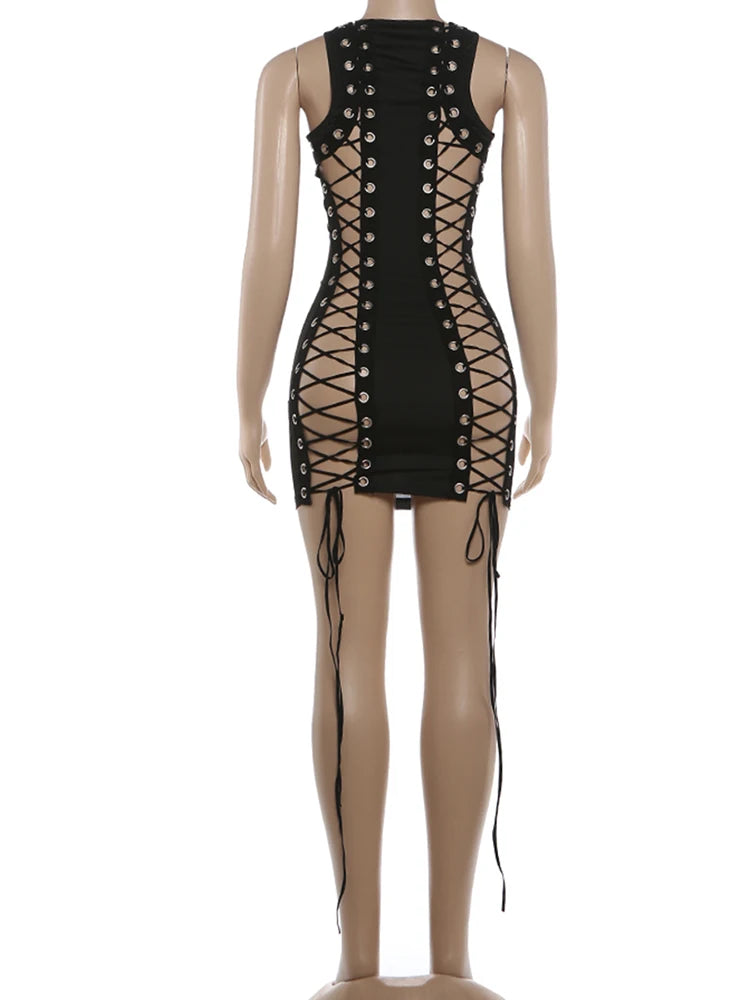 Kliou Sexy Hollow Mini Dress Woman o-Neck Sleeveless Metal Rings Cross Bandage Decoration Midnight Club Party Fashion Bodycon