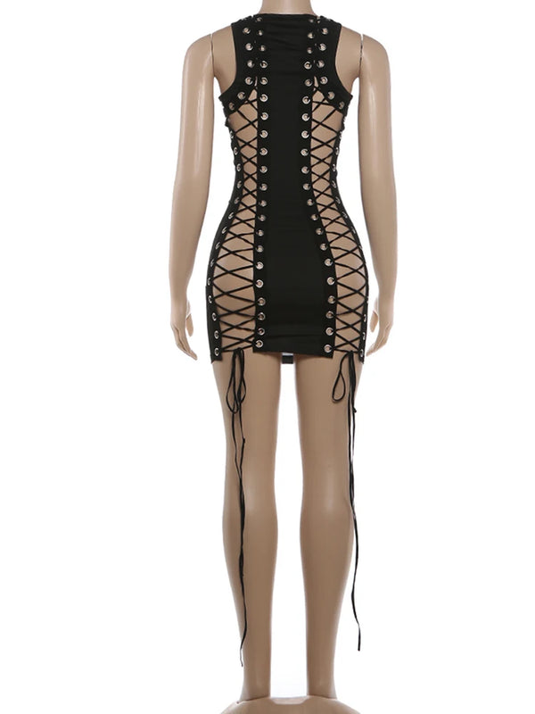 Kliou Sexy Hollow Mini Dress Woman o-Neck Sleeveless Metal Rings Cross Bandage Decoration Midnight Club Party Fashion Bodycon