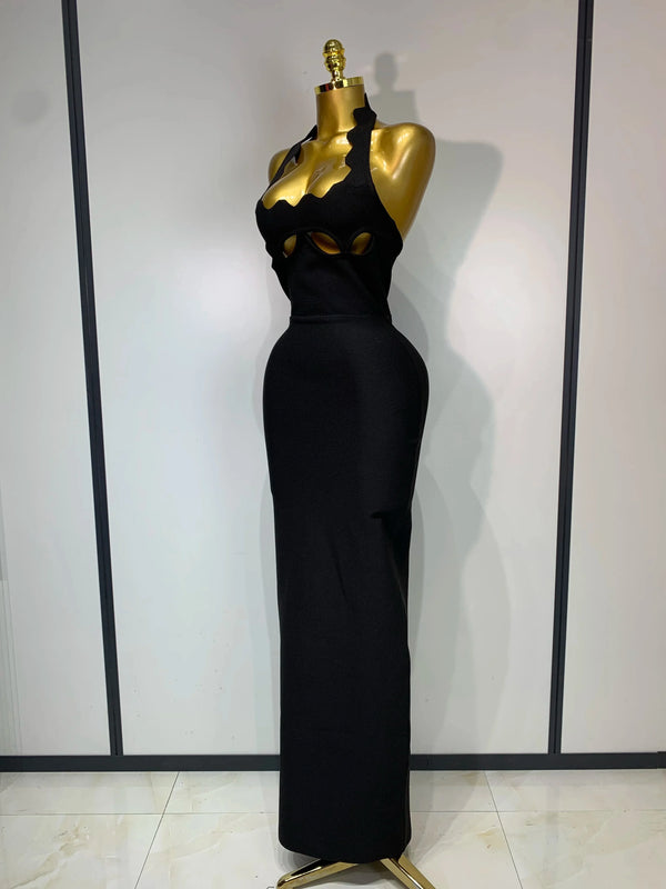 Ornella Scalloped Cutout Halter Bandage Maxi Dress