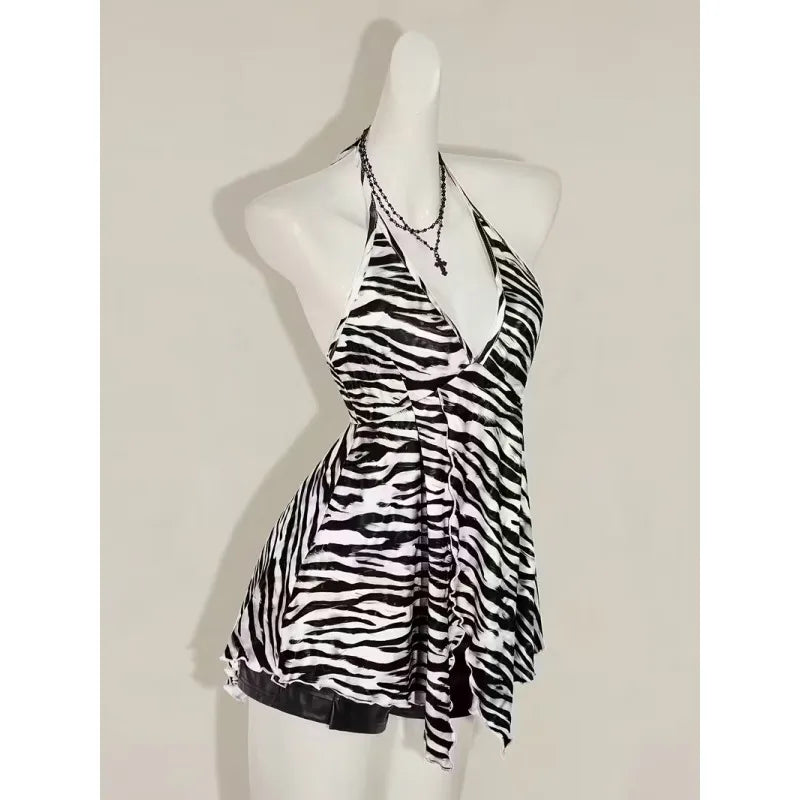 Summer New European American Style Retro Zebra Print Y2K Fashionable Sexy V-neck Hanging Neck Backless Vest Top For Women