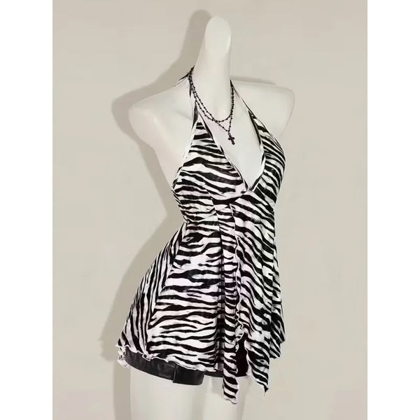 Summer New European American Style Retro Zebra Print Y2K Fashionable Sexy V-neck Hanging Neck Backless Vest Top For Women