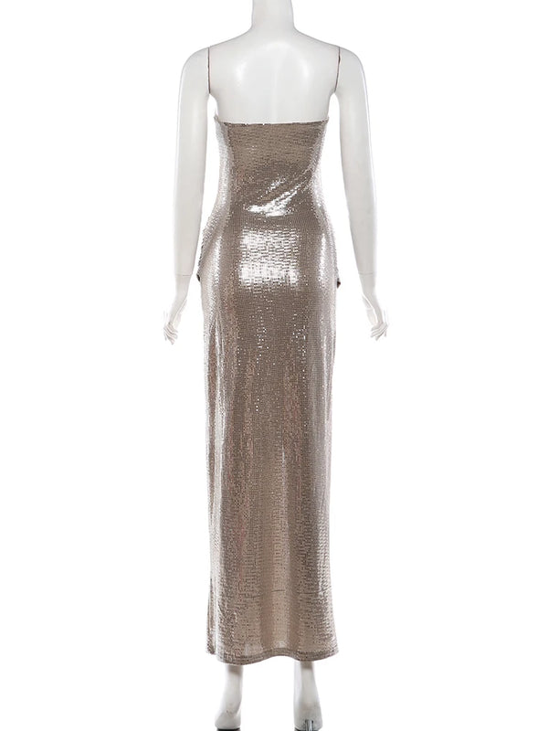 Theodosia Strapless Sequin Ruched Slit Maxi Gown
