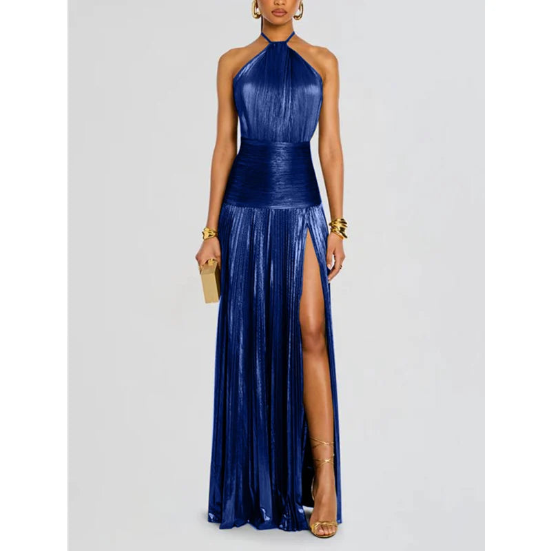Alina Gold Pleated Halter Maxi Dress