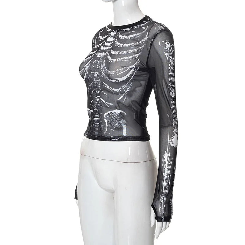 Morticia Skeleton Print Sheer Mesh Long-Sleeve Top One-piece