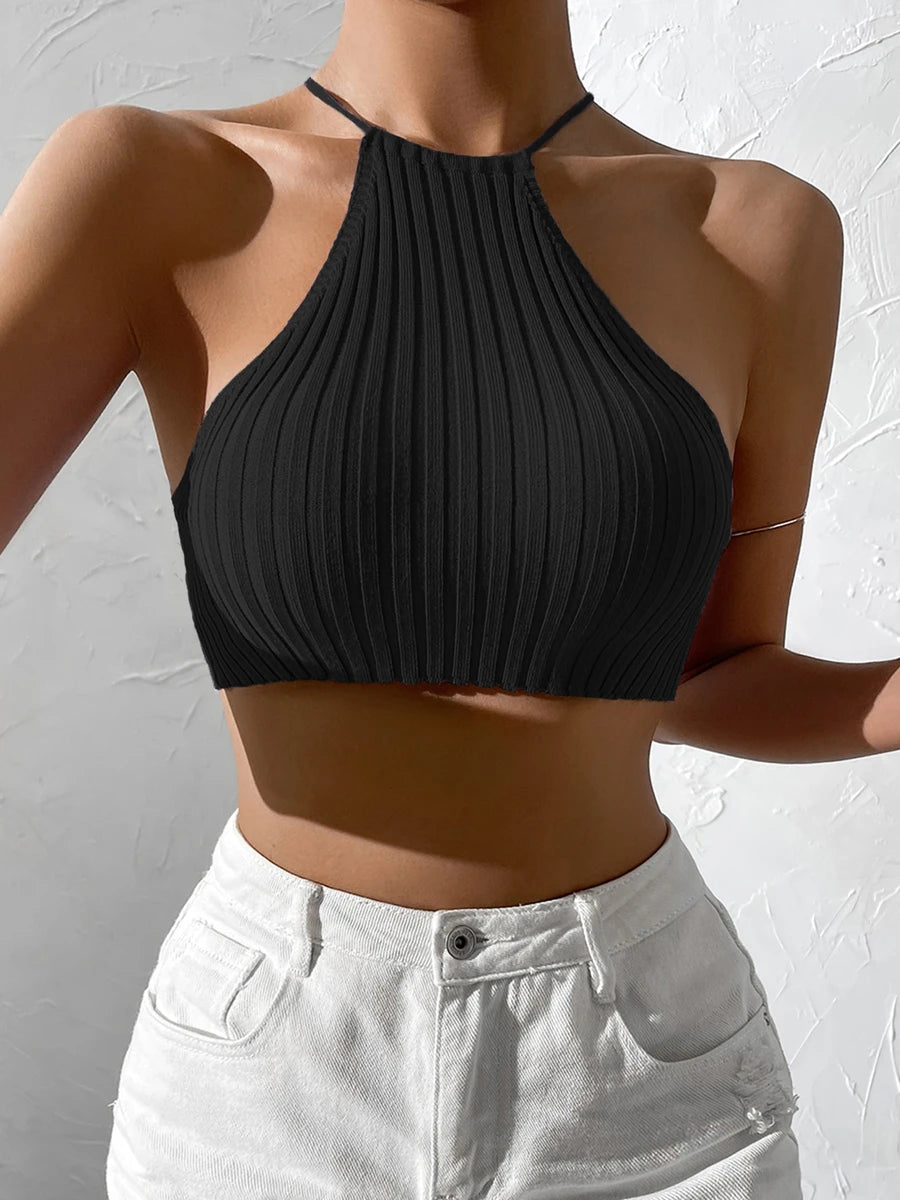 Womwen Summer Tie Backless Crop Halter Knit  Top Crossfit Y2K Crop Top Clothes Femme Sexy Casual Drawstring Cropped Beach Tank