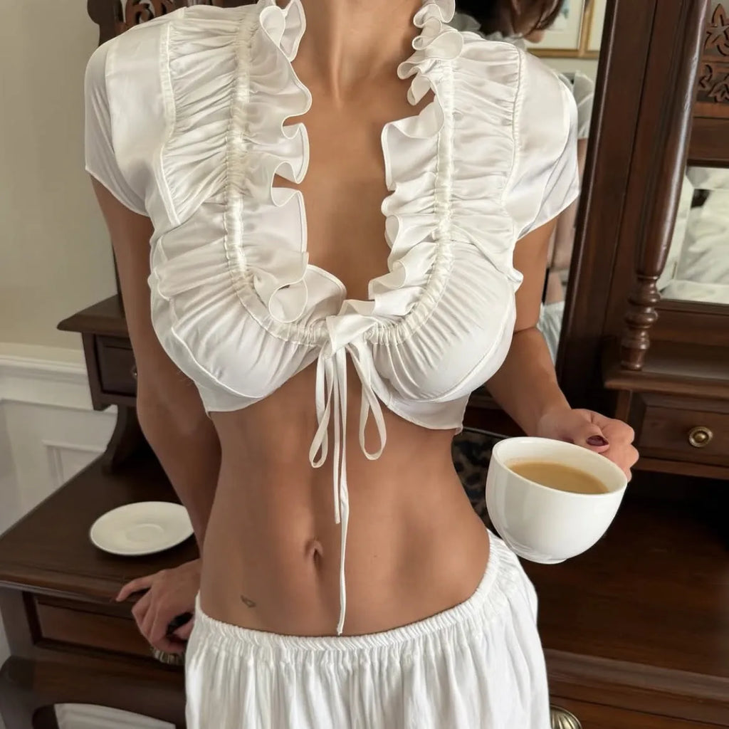 hirigin Sexy Ruffle Trim Satin Crop Top for Women Solid Tie Front Deep V Neck Short Sleeve Blouse Summer Casual Top Streetwear