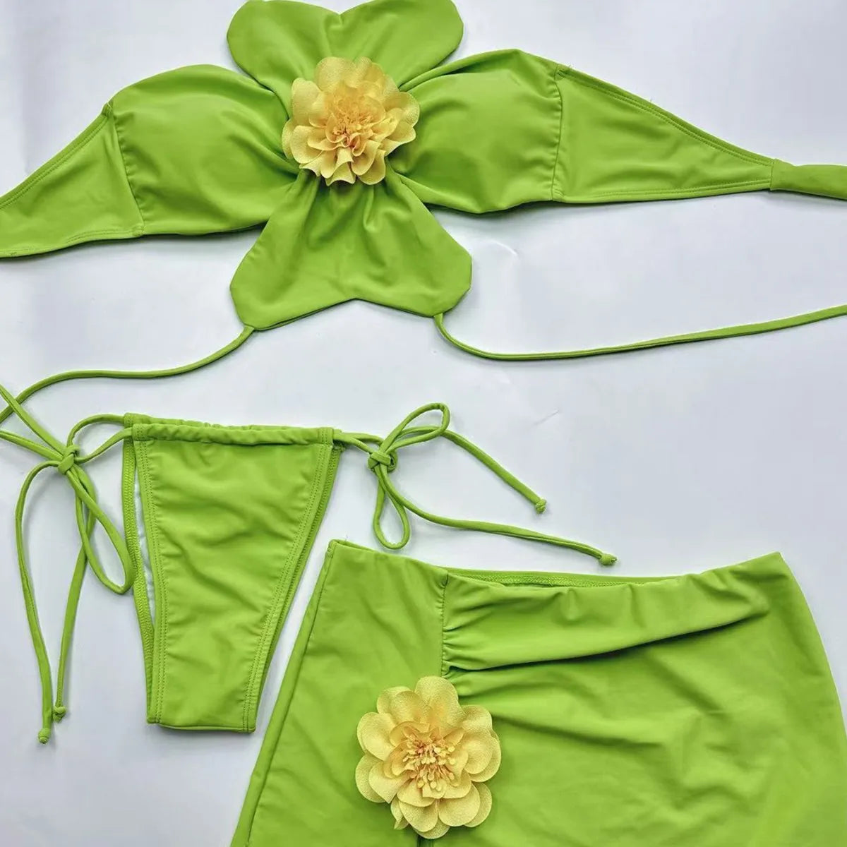 Temperance 3D Flower Halter Bikini & Skirt Three-piece