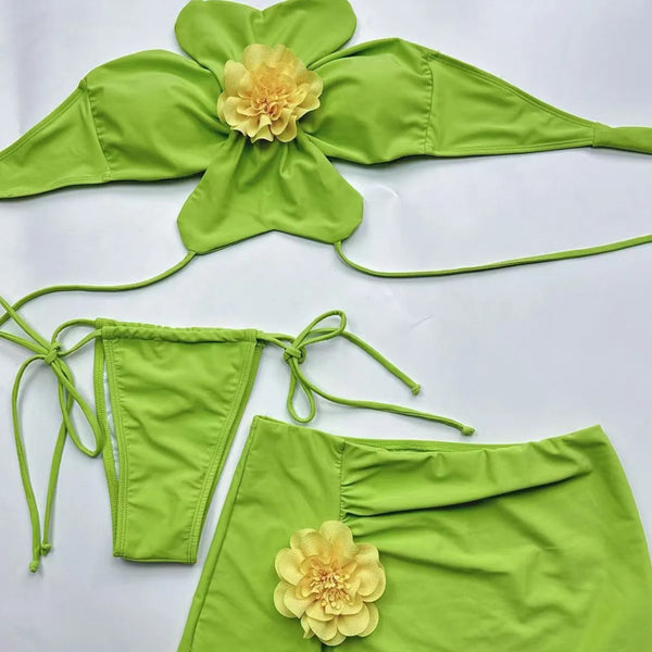 Temperance 3D Flower Halter Bikini & Skirt Three-piece