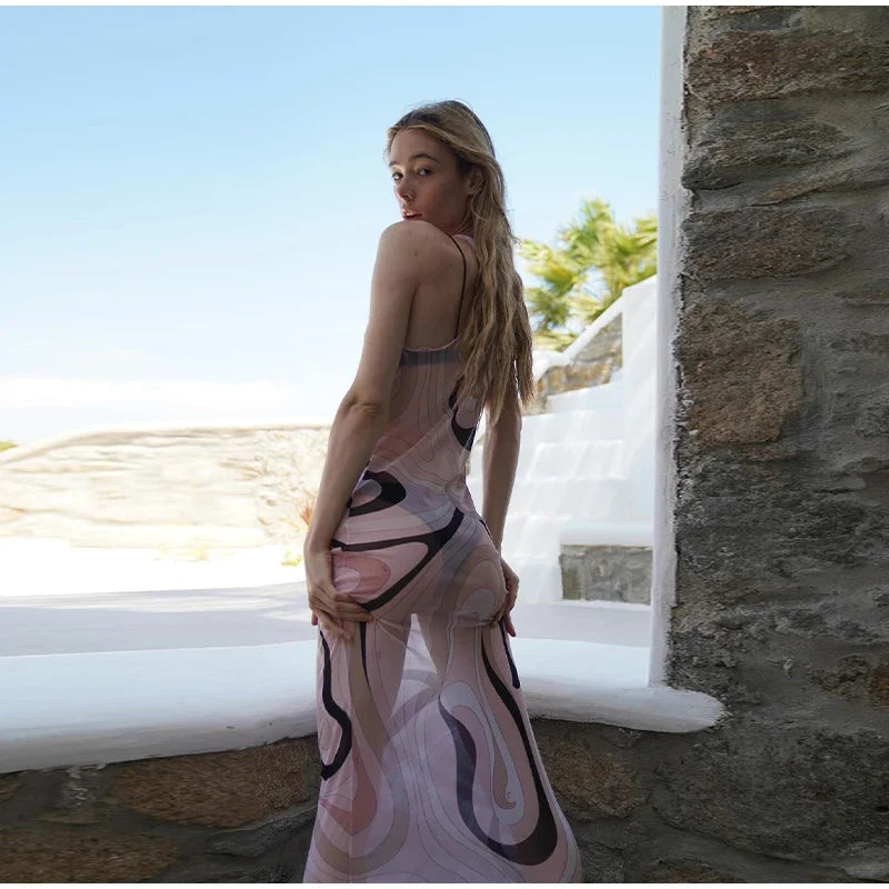 Ondrea Sheer Swirl-Print Mesh Bodycon Maxi Dress One-piece